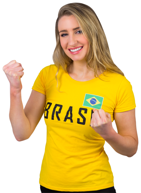 Excited Fan Celebrating in Brazil T-Shirt Holding Flag on Transparent Background - Download Free Stock Videos Pikwizard.com