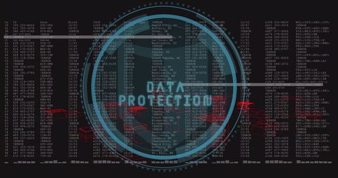 Data protection hud with cyber shield, lock icon and network logs for security dashboard
