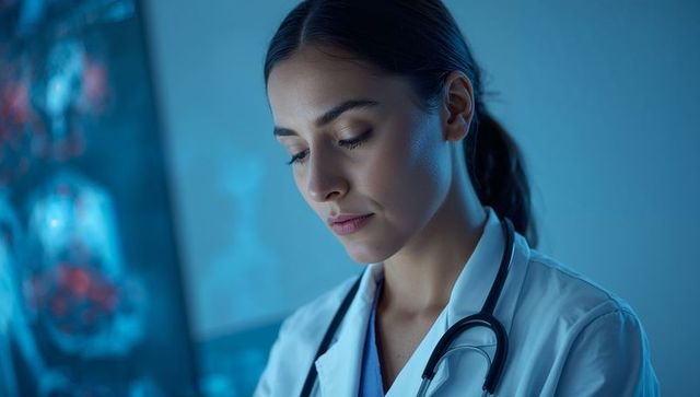 Female physician reviewing mri scans in radiology suite with stethoscope, clinical focus