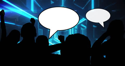 Silhouettes with Speech Bubbles in Futuristic Digital Tunnel