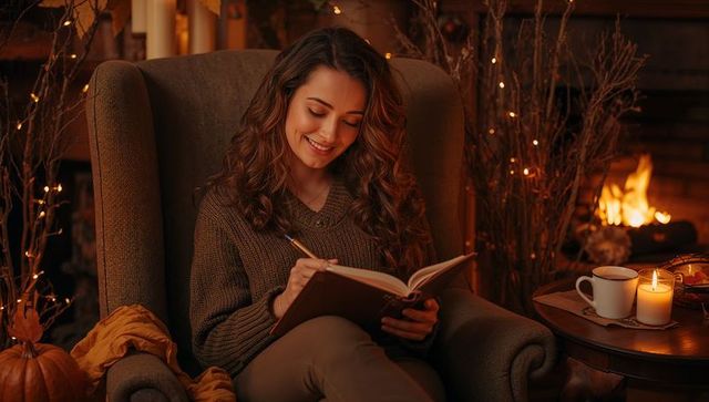 Smiling woman journaling on armchair by fireplace in cozy autumn den with candlelight