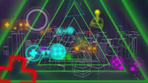 Futuristic Cityscape and Gaming Elements in Triangular Tunnel