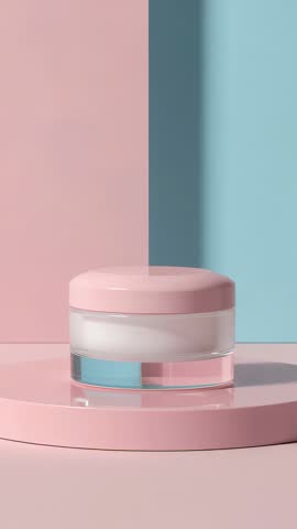 Rotating cosmetic jar on pastel pink and blue platform vertical video for beauty branding