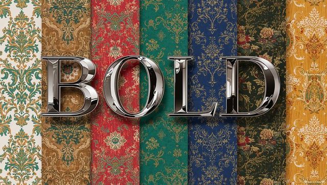 Reflective chrome bold typography over vertical damask panels luxury ornate lettering