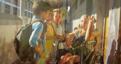 Joyful Children With Wheelchair Socializing Light-filled School Corridor