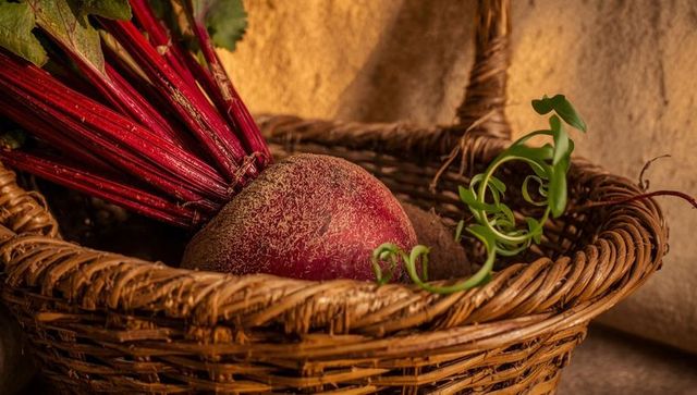 Fresh organic beet in rustic wicker basket with soil and greenery