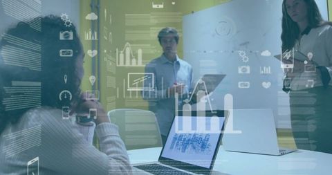 Teamwork and Collaboration in Modern Office with Digital Overlay