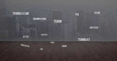 Futuristic city skyline showing numeric HUD overlays reflected on hardwood loft floor