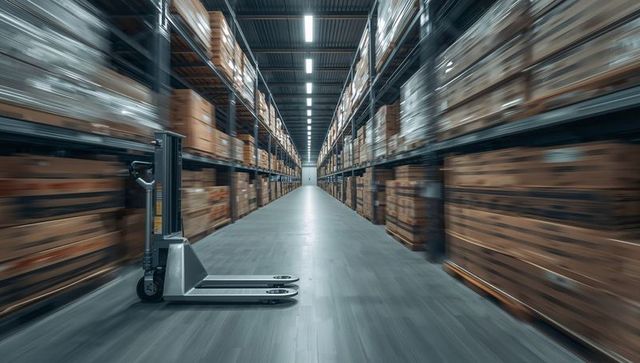 Manual pallet jack in long warehouse aisle with motion blur showing fast logistics flow