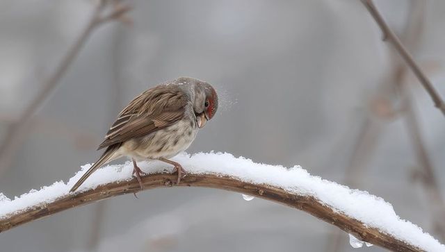 Red-capped finch perching on snowy curved branch with melting droplets for winter wildlife