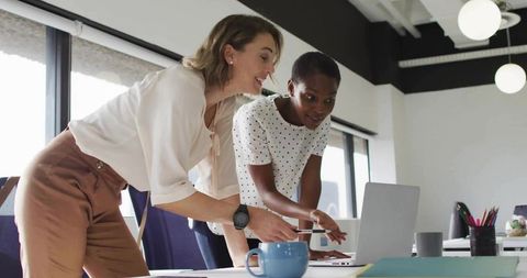 Collaborating Women Analyzing Laptop Content in Bright Office