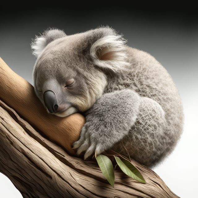 Close up of sleeping koala bear sleeping on tree, created using generative ai technology. Nature, beauty in nature and wildlife concept digitally generated image.