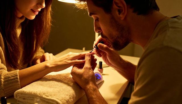 Man painting partner fingernails at home with uv lamp capturing cozy intimate manicure