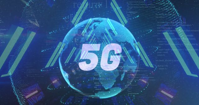 Image of 5g text over neon tunnel in seamless pattern against spinning globe and data processing. Global networking and business technology concept