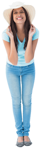 Happy Brunette Woman in Transparent Sunhat Enjoying Sunshine