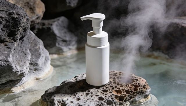 Matte white pump dispenser on pumice rock in steaming mineral pool for spa branding mockup