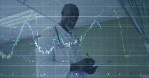 Doctor reviewing healthcare analytics overlaid with financial charts on clinic clipboard