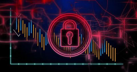 Futuristic Cybersecurity Concept with Neon Lock and Data Visualization