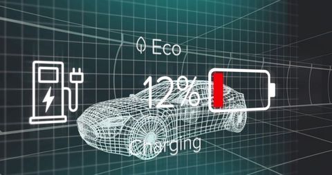 Wireframe electric sportscar hud showing 12% battery low charge eco charging station concept