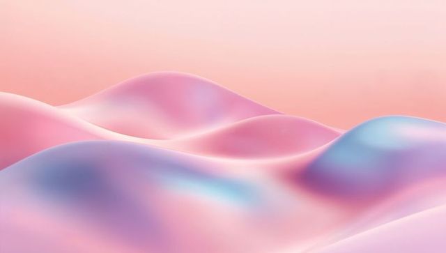 Pastel satin waves abstract landscape with glossy dunes, soft gradient pink and blue hues