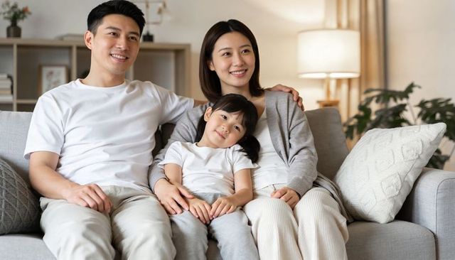 Smiling family relaxing on gray sofa in cozy modern living room wearing casual loungewear