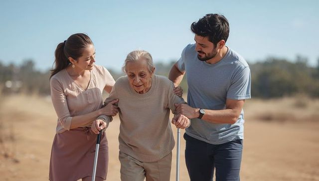 Adult children supporting senior woman walking with two canes on outdoor trail