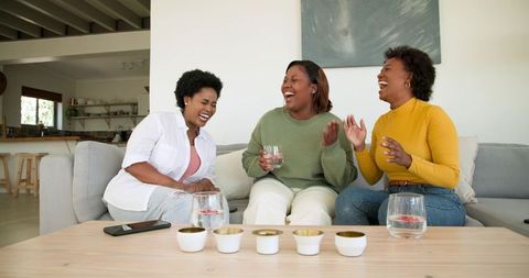 Friends Enjoying Laughter in Comfortable Living Room Setting