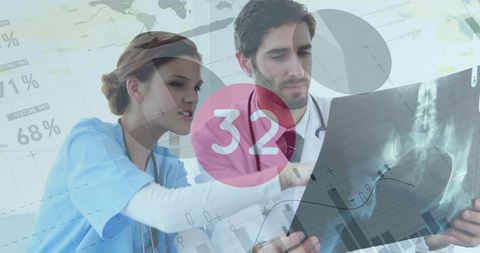 Doctors Analyzing Digital X-ray with Infographic Overlay