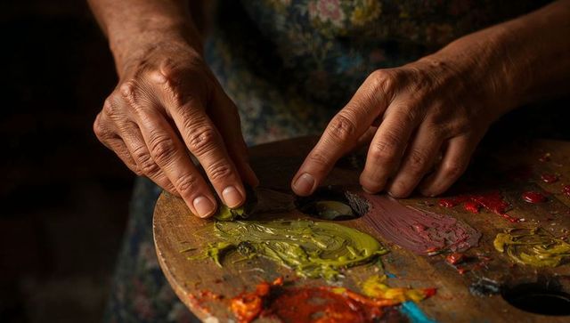 Senior hands mixing impasto oil paint with palette knife on worn wooden palette closeup