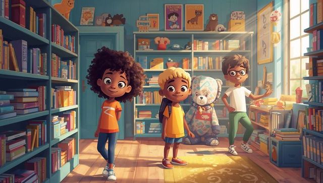 Children exploring sunlit library with giant teddy and colorful bookshelves