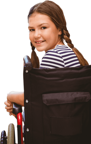 Cheerful girl in wheelchair with striped shirt on transparent background