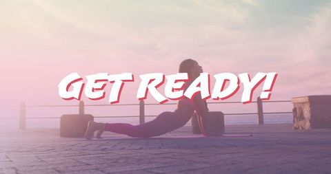 Motivational text over woman in sunset yoga pose