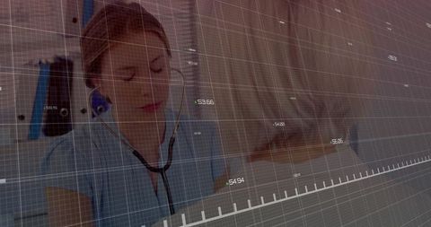 Medical professional using stethoscope with digital interface