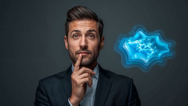 Contemplating executive touching chin with futuristic blue holographic thought cloud