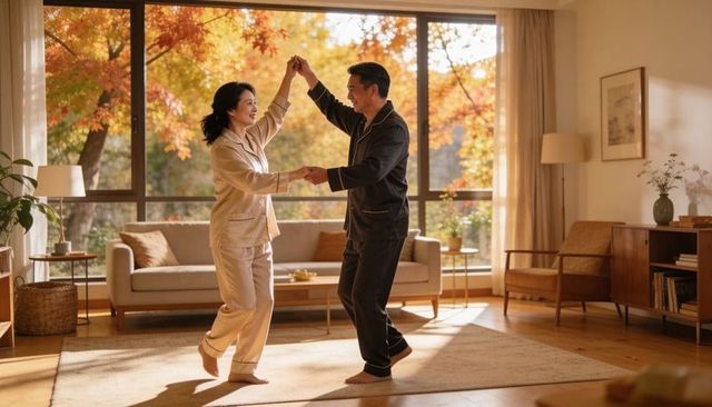 Sunlit senior couple dancing barefoot in pajamas in midcentury living room, autumn light