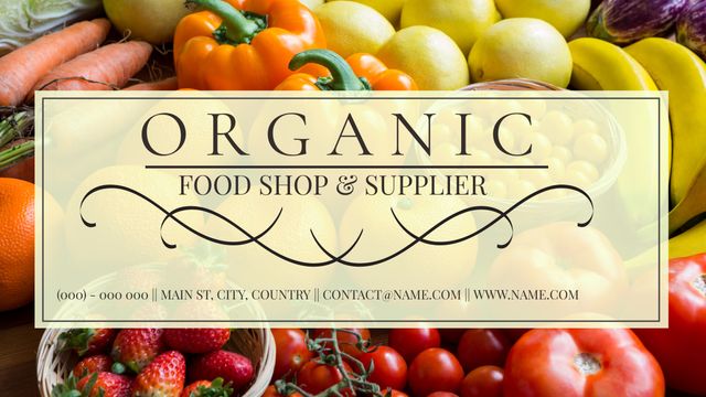 Shows a variety of vibrant organic fruits and vegetables, like tomatoes, bell peppers, and carrots, highlighting the freshness and health benefits. Includes space for shop details, ideal for businesses promoting organic produce. Perfect for print ads, web ads, health blogs, grocery store promotions, and farmer's market listings.