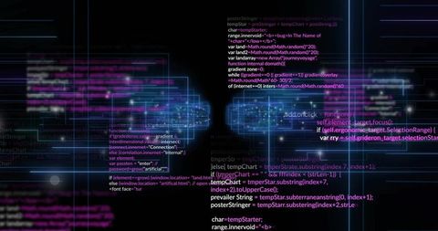 Neon Code Columns Forming Virtual Network Grid with Glowing Nodes and Dataflow