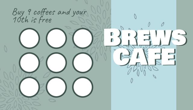 Use this loyalty card template for any coffee shop or cafe. Ideal for promoting customer loyalty and increasing repeat business by offering a free coffee after nine purchases. Perfect for print or digital use to encourage patronage and reward regular customers.