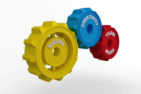 Colorful transparent cogs representing teamwork and success