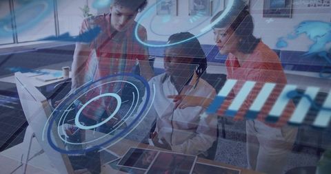 Team collaborating around AR dashboard with holographic data overlays in modern office