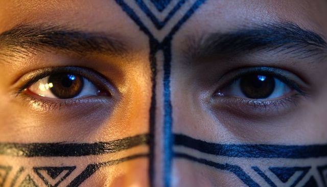 Intense closeup woman with geometric black face paint and brown eyes textured portrait