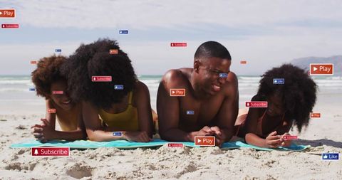 Family relaxing on beach surrounded by social media play subscribe like icons