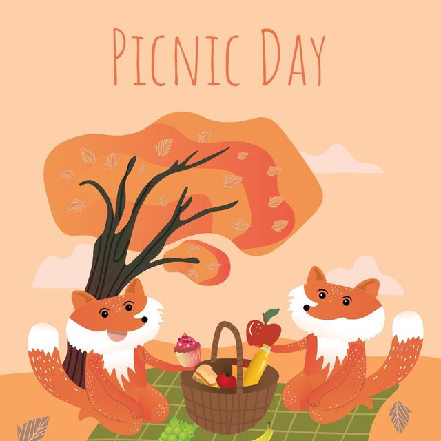 Two adorable foxes celebrating Picnic Day with a basket full of delicious food and drinks. Useful for holiday-themed designs, children's books, greeting cards, and social media posts promoting outdoor leisure activities and nature appreciation.