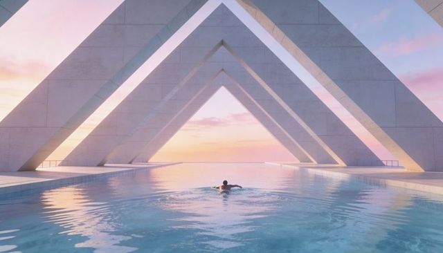 Male Swimmer Gliding Toward Horizon in Geometric Infinity Pool with Concrete Arches