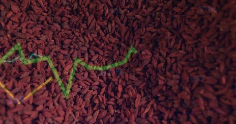 Macro goji berry texture with neon line graph overlay for health and finance concept
