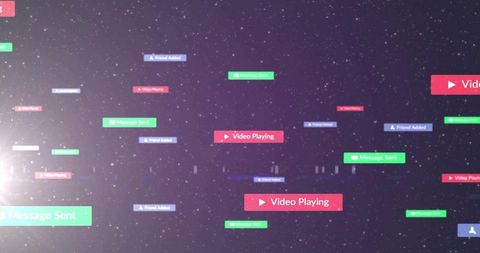 Neon notification stream floating through cosmic data space with video message friend