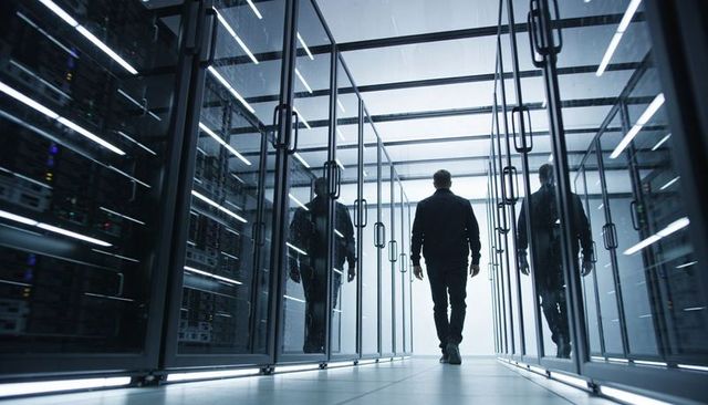 Technician walking through futuristic glass server aisle in high-tech data center corridor