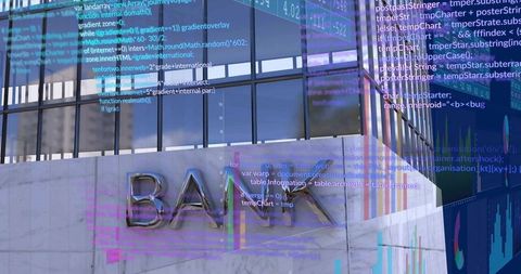 Bank facade showing marble base and glass curtainwall with digital code overlays