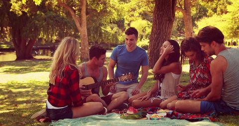 Young Friends Enjoying Picnic with Guitar Music in Park