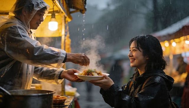 Smiling woman receiving steaming street food from vendor at rainy night market stall